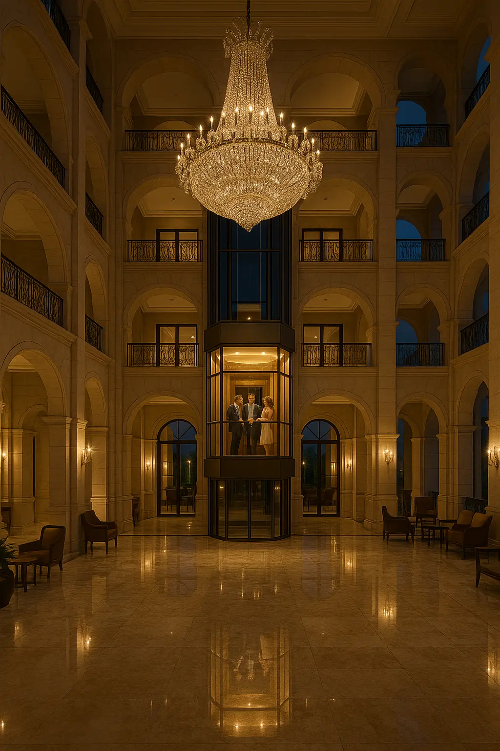 A stunning panoramic glass elevator in a luxury hotel lobby